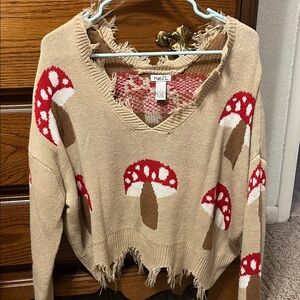 Rue21 Beige V-Neck Sweater with Red Mushroom Pattern